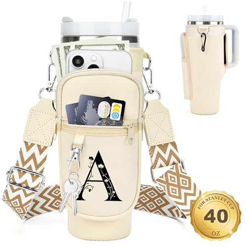 Initial Water Bottle Holder with Strap for Stanley Cup 40 oz Tumbler - color: White, style: A