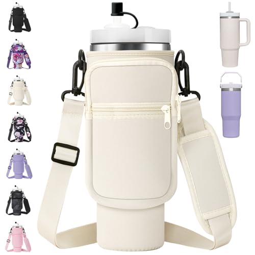 AceTreker Water Bottle Carrier Bag with Strap for Stanley 40/30 oz Tumbler Neoprene Insulated Cup Holder Sleeve with Phone Pocket & Straw Cover for Stanley Cup Accessories - color: 01-Cream, style: 30 Oz