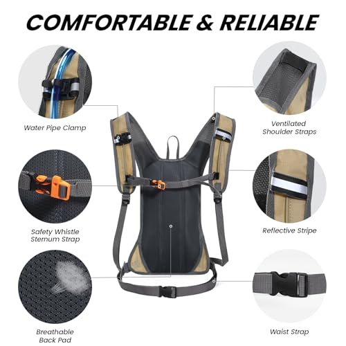 Nepest Hydration Pack Backpack with 2L Water Bladder Reflective Lightweight - color: Khaki