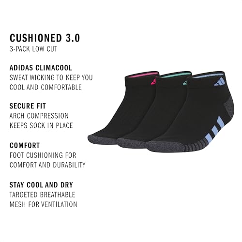 adidas Women's Cushioned Socks 3 Pairs - color: Black/Onix Grey/Shock Pink/3.0/Low Cut, size: Medium, style: Low Cut