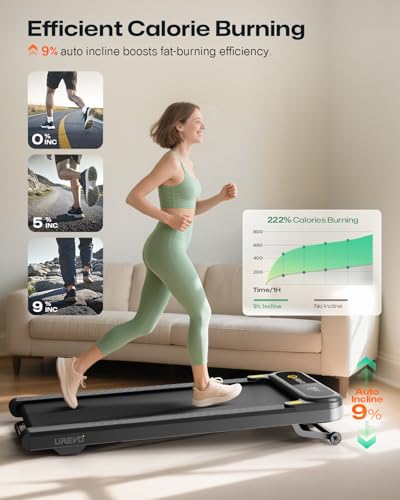 Smart Treadmill with 9% Auto Incline, Hiking and Running Walking Pad Treadmills for Home Office, Treadmill with UREVO APP, AI Powered Music Course, HIIT Programs Synced to Scenic Route, One-Click Mute