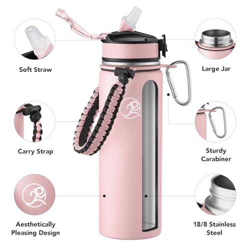 GOSWAG 24oz Insulated Stainless Steel Travel Water Bottle, 2 Lids - color: Matte Pink