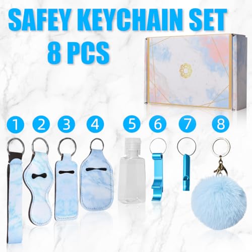 8 Piece Safety Keychain Set for Women, Blue Neoprene Wristlet Strap with Pom Pom, Whistle, Bottle Opener, Lipstick Holder, and Empty Bottle, 8-in-1 Utility for Students and Night Runners