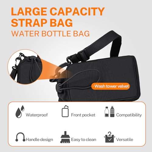 Water Bottle Holder with Phone Pocket for 40/32 oz,Water Bottle Holder/Sleeve with Adjustable Shoulder Strap and Charm. - color: Black
