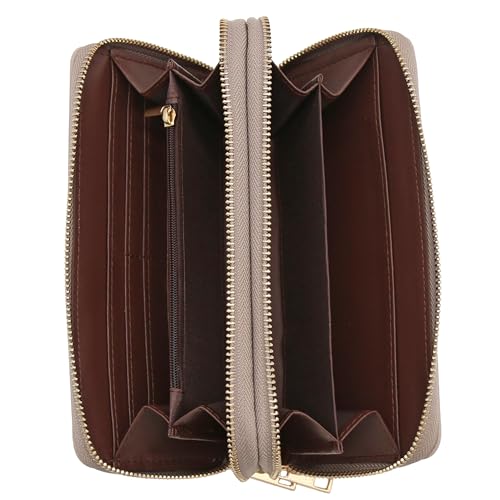 FashionPuzzle Double Zip Around PU Leather Wristlet Cell Phone Wallet - color: Travertine