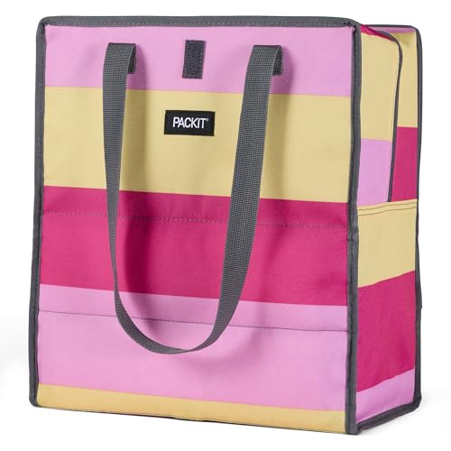PackIt Freezable Grocery Tote 13 L Capacity, Black - color: Pink Stripe