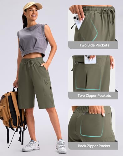 Viodia 13'' Women's Hiking Cargo Shorts Knee Length with Zipper Pockets - color: Grey Green, size: Large