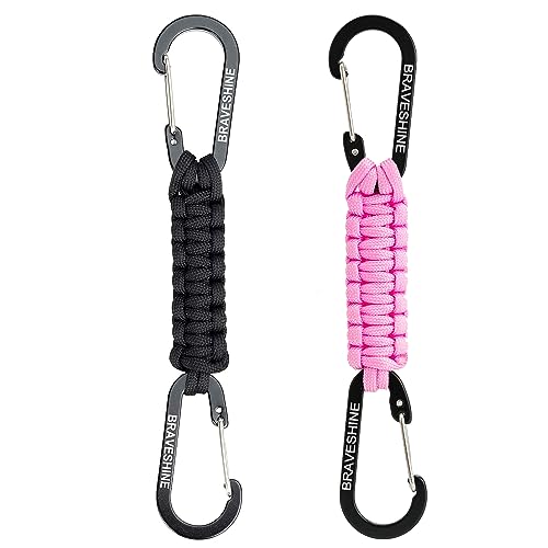 BRAVESHINE Paracord Keychain Carabiner Clip | D Ring Hanger Lanyard Hook - color: 1 Black 1 Pink