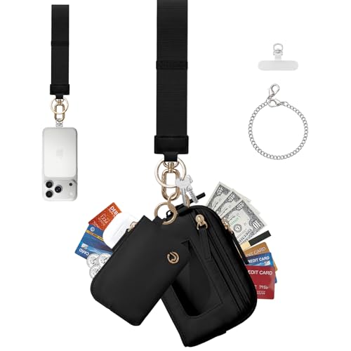 Dual Pouch Wristlet Keychain Wallet for Women, Coin Purse with RFID Blocking, Nylon Phone Wallet & Card Holder - color: Black