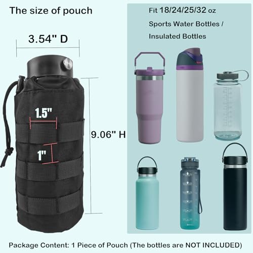 Tactical MOLLE Water Bottle Holder, Upgraded Water Bottle Pouch with Drawstring Open Top & Mesh Bottom, 16/24/25/32oz Water Bottle Carrier Bag with D-Ring Hook for Backpack - color: Black