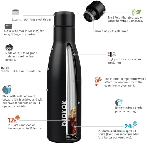 BJPKPK 17oz Skinny Insulated Water Bottle, Stainless Steel Flask - color: Midnight Black, size: 17 Ounces