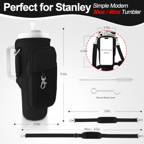 Water Bottle Carrier Bag for Stanley Cup 40oz/30oz with Phone Pocket, Neoprene Water Bottle Holder with Adjustable Shoulder & Handle Strap, Stanley Cup Accessories for Walking Travel Gym - color: Black