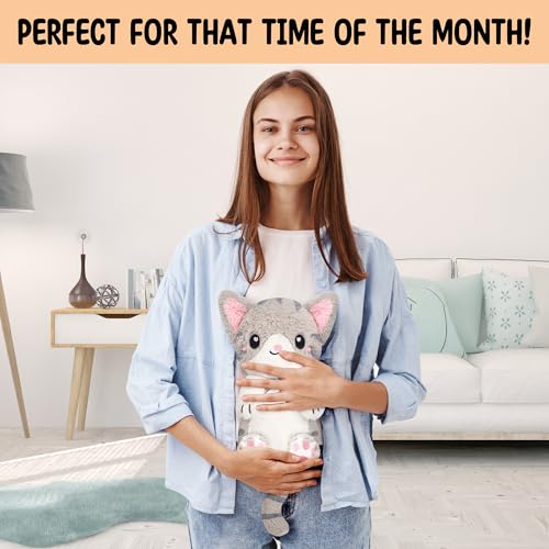 Happy Fuel Grey Cat Microwavable 1.5 lbs Unscented Heating Pad for Women & Kids- Cute Soft Cozy Pillow Plush Heatable Warm Stuffed Animals- Kawaii Hot & Cold Plushie - Gray Cat Gifts for Girls & Women - color: Grey White Cat