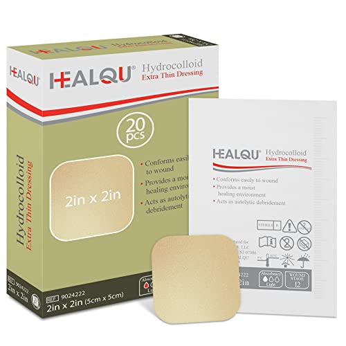 Healqu Hydrocolloid Wound Dressing - 2x2" Thin - Box of 20 Large Bandages - Sterilized Bordered Hydrocolloid Patches for Bed Sores, Abrasions, and More - Waterproof and Absorbent with Protective - size: 2x2" Thin - Box of 20