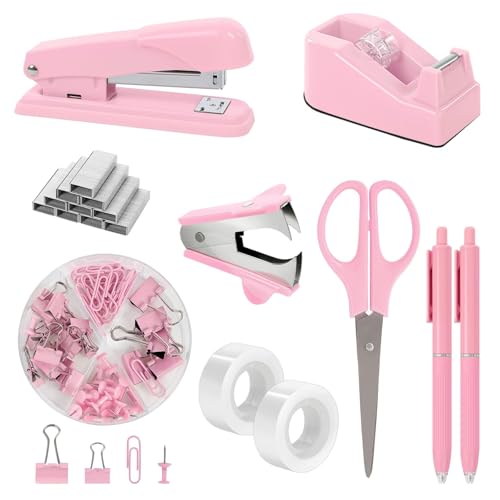 SKYDUE Pink Stapler and Tape Dispenser Set, Pink Office Desk Accessories - color: Pink