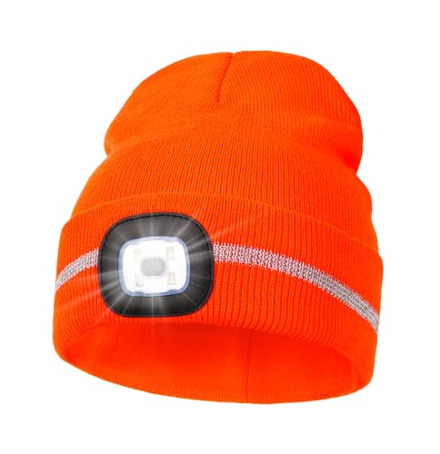 MELASA Reflective Stripe Beanie with the Light, Warm Hat with Light Outdoor - color: Orange