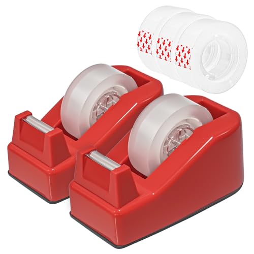 2-Pack Compact Desktop Tape Dispenser with 5 Rolls 3/4" Tape, Red - color: Red