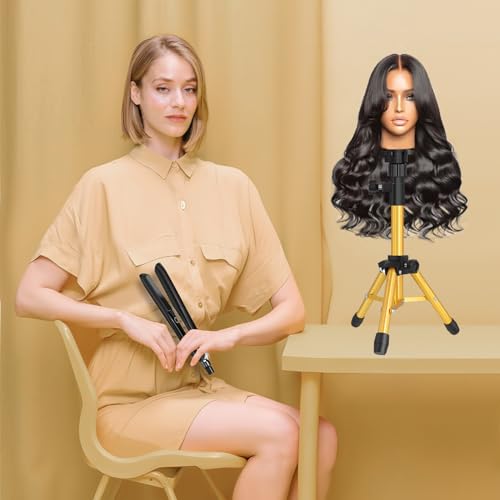 ZQIAN BEAUTY Wig Stand Tripod, 25 Inch Adjustable Mannequin Head Stand, Wig Head Stand for Training Heads And Canvas Block Head (Golden, Mannequin Head Not Included) - color: Golden, size: 25 Inch