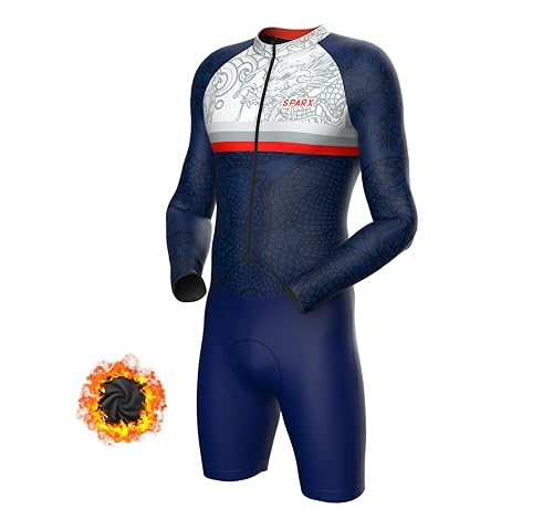 Sparx Long Sleeve Winter Cycling Thermal Skinsuit Pro Team Bicycle Suit Bike Racing Suit Cycle Kit 3D Pad - color: Navy Dragon, size: Medium