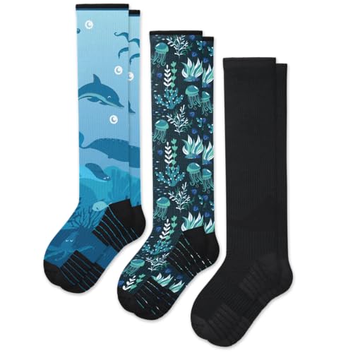 Viasox 3 Pack Compression Socks Women & Men, Circulation Support, 12-15mmHg Neuropathy (Dark Waters, Medium) - color: Dark Waters, size: Medium