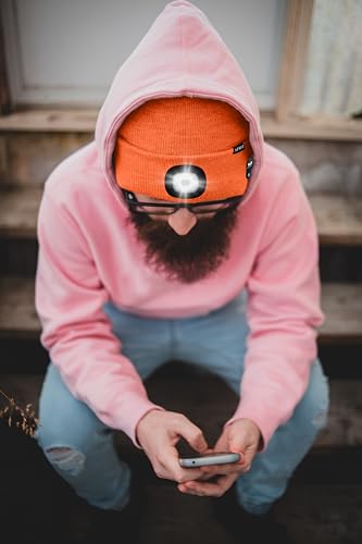 ATNKE LED Lighted Bluetooth Beanie Hat,USB Rechargeable 4 LED Wireless Music Running Headlamp Cap Gift for Men and Women - color: #Bright Orange