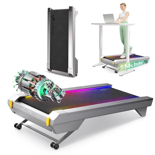 UREVO CyberPad Smart Walking Pad with 14% Auto Incline, Brushless Motorized Under Desk Treadmill for Home Office Fitness, Elegant Speed Lights, Spacious Surface, Digital Controller, AI-Powered App - color: Silver