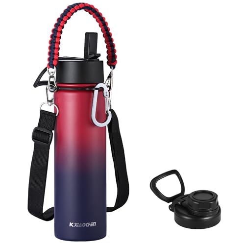 KXIAOCHEN Insulated Water Bottle with Strap, 48-Hour Cold, 2 Lids - color: Dark Rainbow, size: 24 Ounces