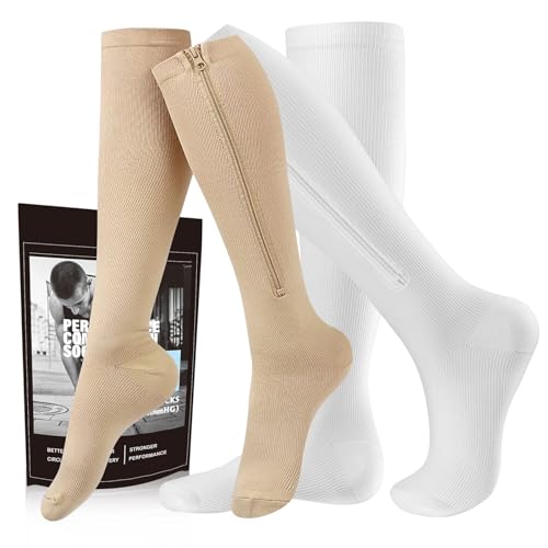 cerpite Zipper Compression Socks, 2 Pairs 15-20 mmHg Closed Toe Compression Stockings for Men Women - color: Beige White, size: Small-Medium
