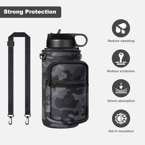 40oz Neoprene Water Bottle Sling with Phone Pocket, Crossbody - color: Camo Black, size: 32oz Short