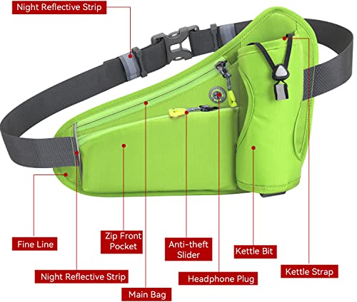Waterproof Running Waist Bag Cycling Bumbags with Water Bottle Holder Travel Walking Dog Climbing Hiking Outdoor Sport Waist Bag with Reflective Strips(Green) - color: Green