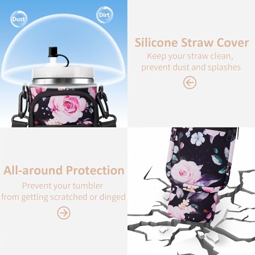 AceTreker Water Bottle Carrier Bag with Strap for Stanley 40/30 oz Tumbler Neoprene Insulated Cup Holder Sleeve with Phone Pocket & Straw Cover for Stanley Cup Accessories - color: 02-Black Flower, style: 40 Oz