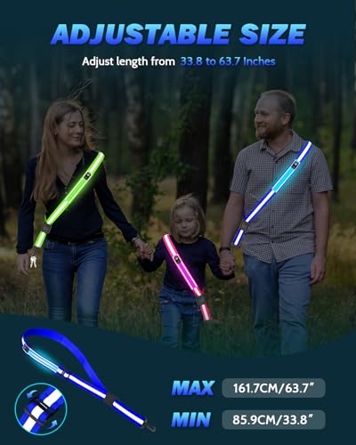 Fitense LED Reflective Belt Sash - 5 Lights Colors & 3 Light Modes High Visibility Night Safety Belt, Rechargeable Light Up Running Gear Adjustable Vest Straps for Runners Walkers Men Women - color: Blue, style: Classic