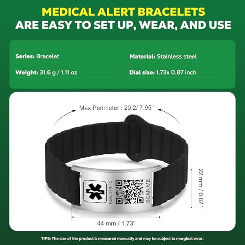 Medical Bracelets for Men Women with QR Code Medical Alert ID Bracelets - color: Agate Black Silver