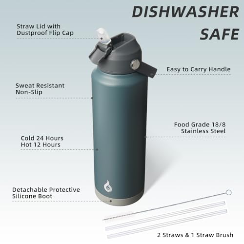 BJPKPK 40oz Insulated Water Bottle, Stainless Steel Bottle with Straw Lid - color: Gray, size: 40 Ounces