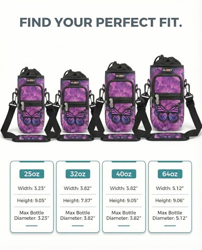 AUPET Water Bottle Sling Bag Sleeve Holder Carrier 25/32/40/64 oz,Insulated Crossbody Water Bottle Case Cover with Strap and Pockets for Men/Women Walking Hiking - color: purple butterfly flower, size: 40oz