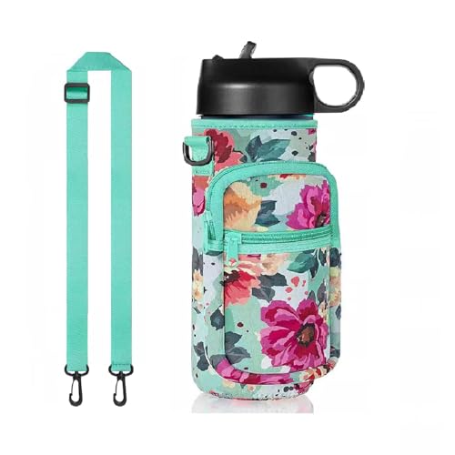 40oz Insulated Water Bottle Sling with Phone Pocket, Crossbody Carrier - color: Flower Green, size: 40oz