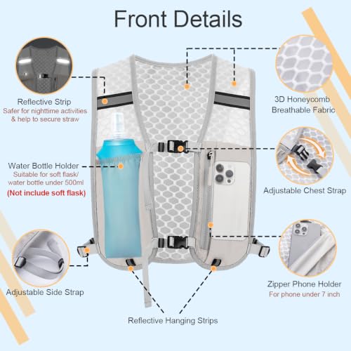 Running Vest Hydration Backpack for Men Women, Lightweight Breathable Hydration Packs, Adjustable Chest Straps Daypack, Reflective Water Running Vest for Marathon, Trail, Hiking, Cycling - color: Grey