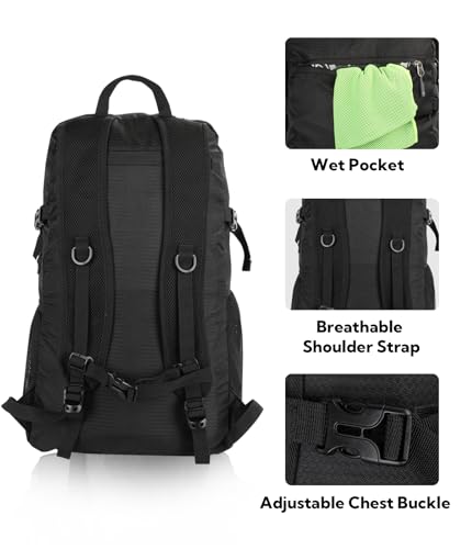 WATERFLY Lightweight Packable Hiking Backpack, 30L Day Pack Black - color: Black