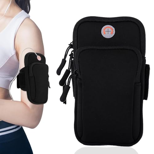 Sports Armband, Universal Running Gym Smartphone Arm Bag with Earphone Hole & Multi Pockets, Black