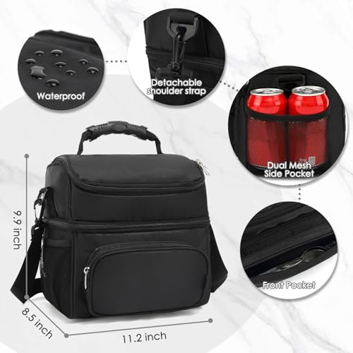FlowFly Double Layer Cooler Insulated Lunch Bag Adult Lunch Box Large Tote Bag for Men, Women, With Adjustable Strap,Front Pocket and Dual Large Mesh Side Pockets - color: Black