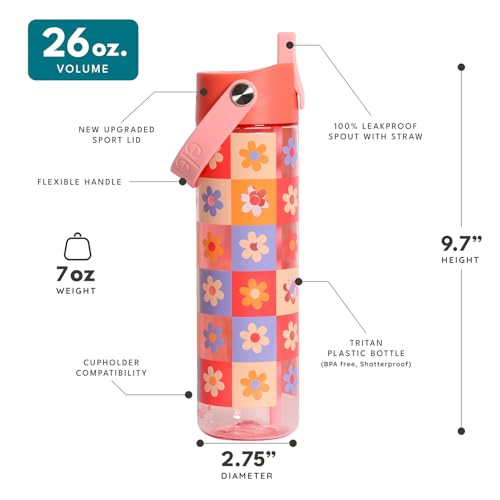 Elemental Splash 26oz Tritan Plastic Reusable Water Bottle w/Straw & Strap - color: Checkered Flowers, size: 26 Ounces