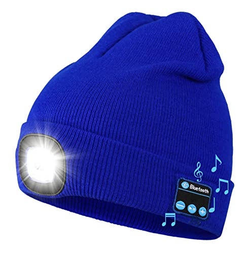 Wmcaps Bluetooth Beanie with LED Light and Headphones, Christmas Tech Gifts - color: Bright Blue