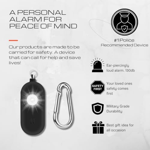 Rechargeable Personal Safety Alarm for Women. 130dB Siren. Ear-Piercingly Loud w/ Flashing LED Strobe Light Siren Keychain - color: Black