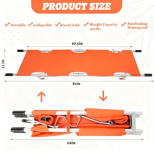 TrelaCo Folding Stretcher 81 x 21.3 x 5.4 Inch Aluminum Alloy Collapsible Gurney Emergency Portable Stretcher with Heavy Duty Handles Rubber Feet for Ambulance Patient Transport, Orange