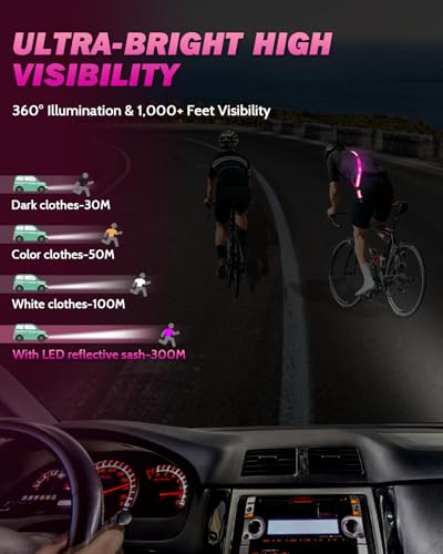 Fitense LED Reflective Belt Sash - 5 Lights Colors & 3 Light Modes High Visibility Night Safety Belt, Rechargeable Light Up Running Gear Adjustable Vest Straps for Runners Walkers Men Women - color: Pink, style: Pouch