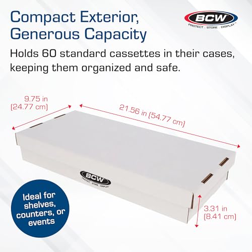 BCW Cassette Tape Storage Box for 60 Standard Cassettes - 3 Pack | Cassette Tape Case & Holder Organizer | Durable Corrugated Holder with Lid