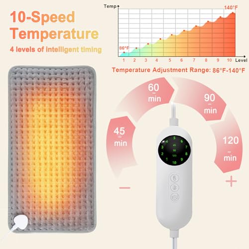 Heating Pad, Electric Heating Pad 24"X12" for Back Neck Shoulder Belly Heating Technology, Ultra-Soft Moist & Dry Therapy Heat Pad with 10 Temperature Settings 3 Timer, Automatic Switch-Off, Grey - color: 24"x12" Gray