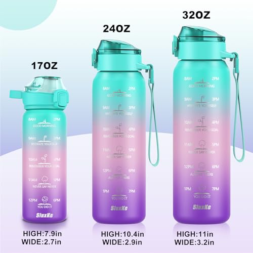 SLUXKE 17oz Insulated Water Bottle with handle BPA Free, 316 Stainless Steel Water Bottles 500ml with Time Marker Double Walled, Metal Water Flask Jug for Hiking, Biking, Running, Three Colors - color: GREEN PINK PURPLE, size: 17 Ounces