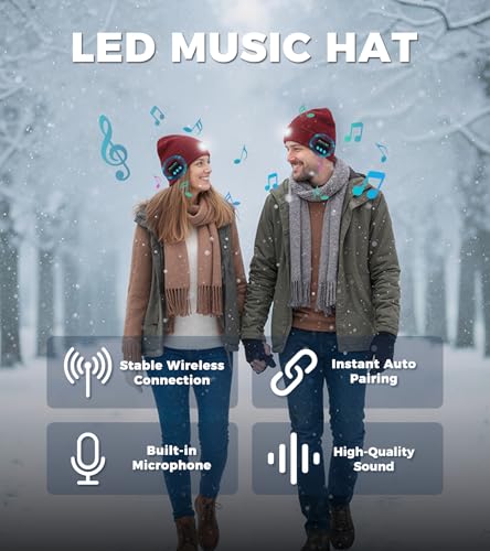HEYAXA Bluetooth Beanie Hat, USB Rechargeable 4 LED Wireless Music Running Headlamp Cap, Dad Gifts for Husband, Dad, Birthday Gifts for Men, Dad, Father, Women, Him, Her, Red - color: Red