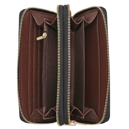 FashionPuzzle Double Zip Around PU Leather Wristlet Cell Phone Wallet - color: Black